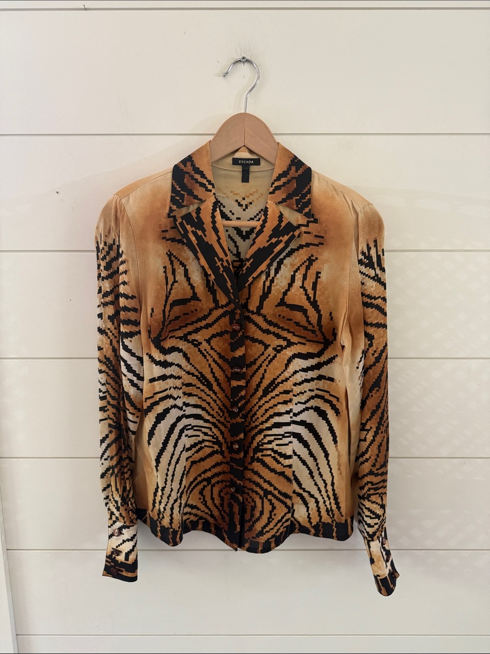 Vintage Escada Tiger-Print Silk Button-Down Blouse sz 36